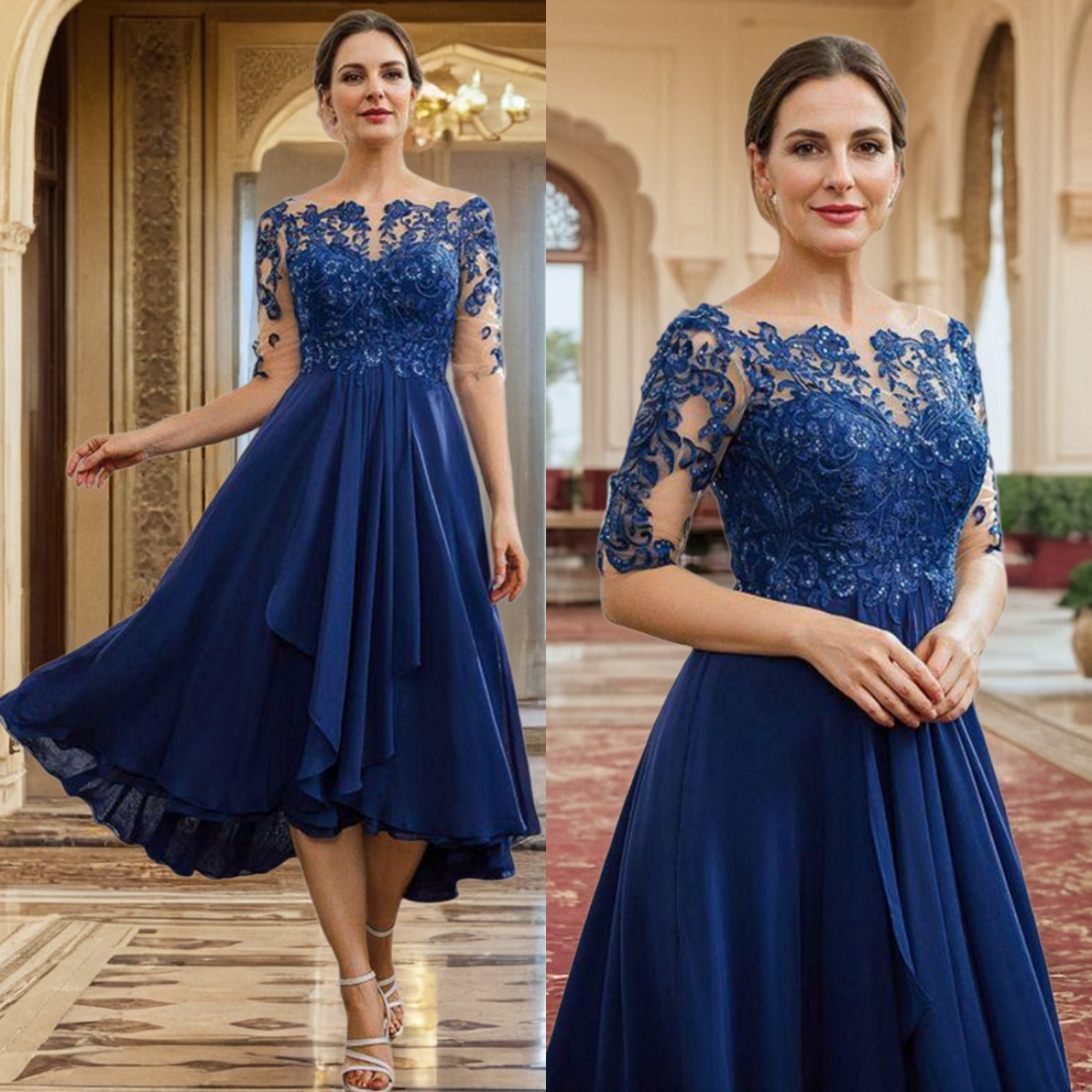 Short Royal Blue Mother Of The Bride Gowns Sheer Neck Half Sleeves Mother's Dresses Beaded Sequins Lace Mum Gowns For Women Wedding Guest Outfit 