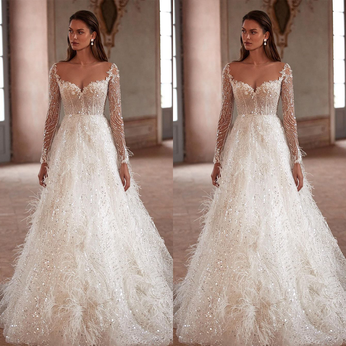 Classic Women Wedding Sheer Neck Long Sleeves Bridal Gowns Sequins Feather Sweep Train Split Side Dress Custom Made vestidos de novia