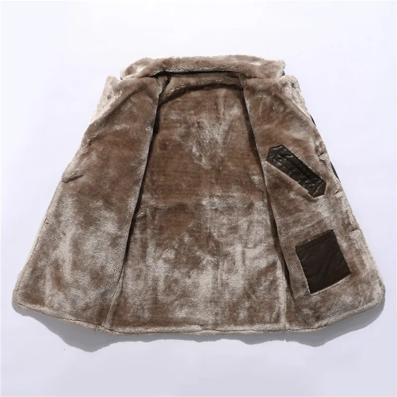 Men Winter Long Thick Fleece PU Leather Jacket Mens Streetwear Casual Business Clothing Porcket Leather Jackets Coat Outwear Men 240126