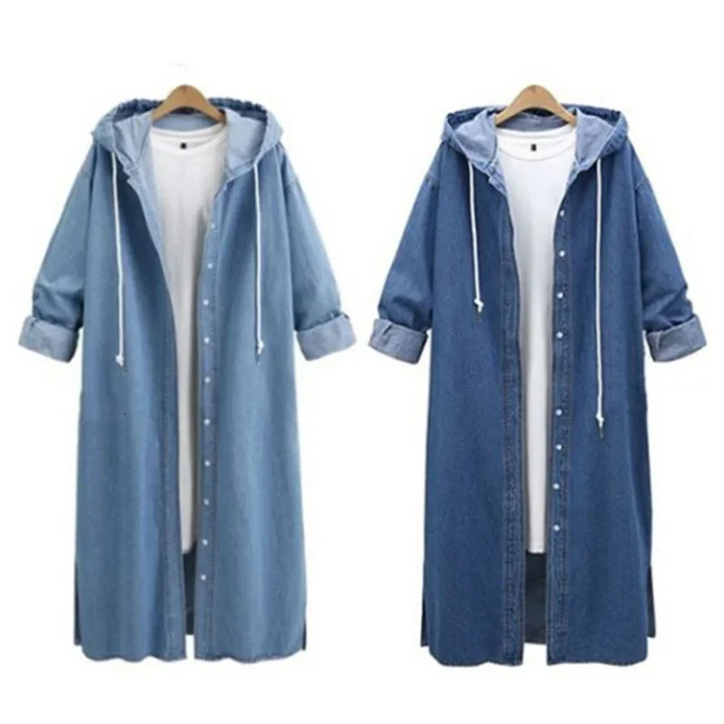 European and American Ladies Denim Trench Coat Solid Color LaceUp Denim Jacket Long Shirt 240201