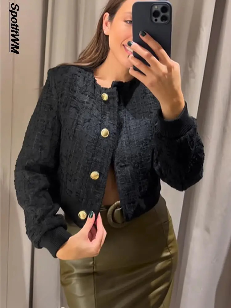 Womens Short Frayed Tweed Bomber Jacket Elegant Solid O Neck Single Breasted Warm Coats Autumn Casual High Street Jackets 240118