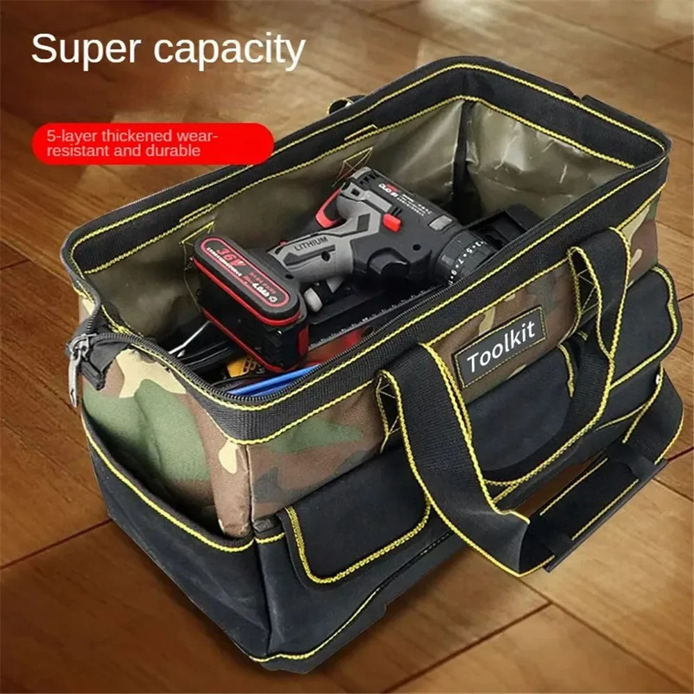 Camouflage Tool Bag with Plastic Bottom Shoulder Strap Multiple Pockets Pounch Storage Organizer for Electrician 240123