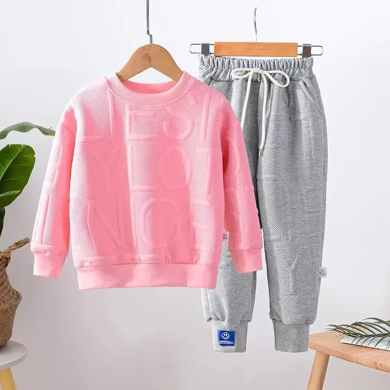 Boy Girls Sweatshirt Spring and Autumn Clothing Junior kid Fashion Jacquard Letter Long Sleeve Top Sweatpants 2 Pcs Set 3-12Y 240131