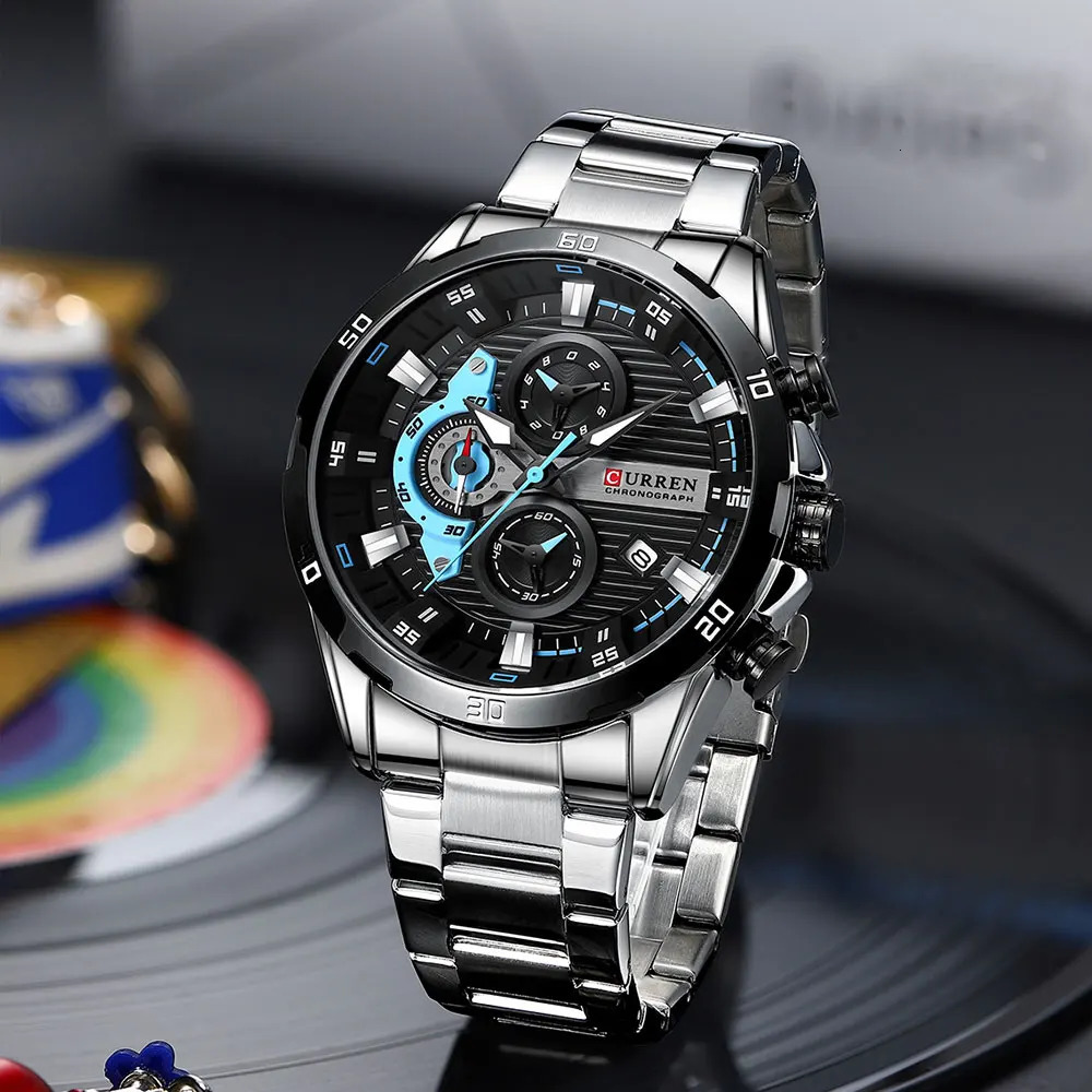 CURREN Stainless Steel Watches for Mens Creative Fashion Luminous Dial with Chronograph Clock Male Casual Wristwatches 240202