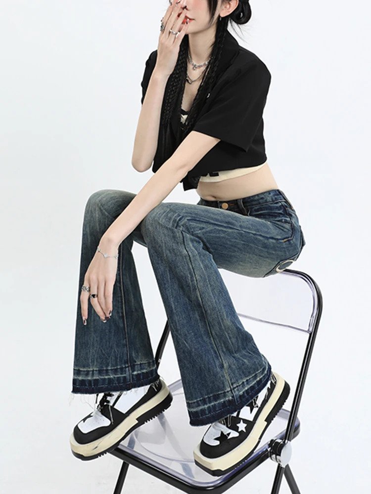 American High Street Vintage Denim Flare Pants Pantalones De Mujer 2023 Fashion Y2K Jeans Female Horseshoe 240129