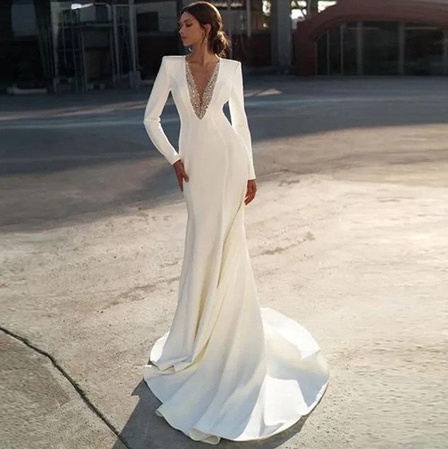 Size Plus V Neck Mermaid Wedding Dress Sexy Long Sleeves Beaded Satin Bridal Formal Gowns Vestidos De Novia Customed estidos