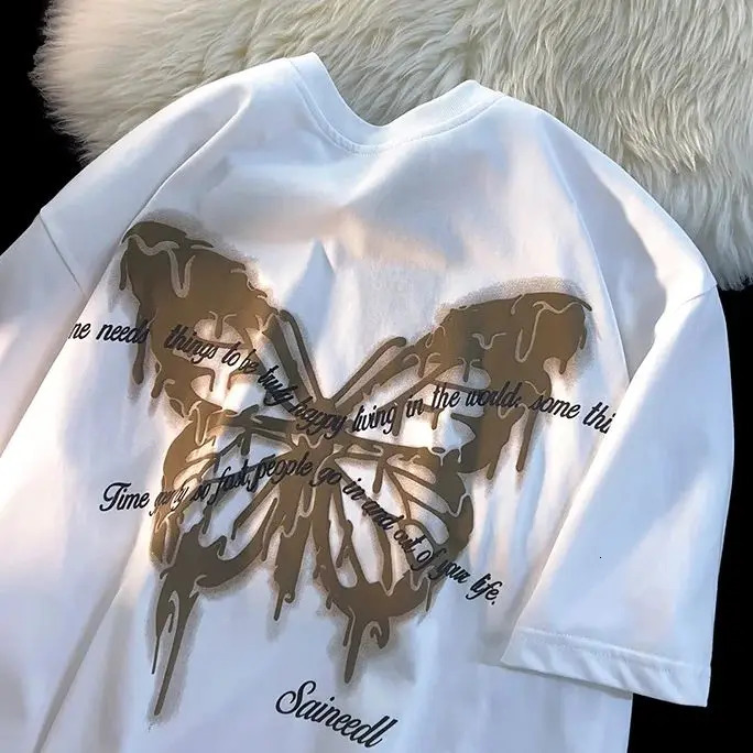 American Creative Butterfly Letter Round Neck Short Sleeve T-shirt Men and Women Oversize Summer Cotton Loose Couple Y2k Top Ins 240129