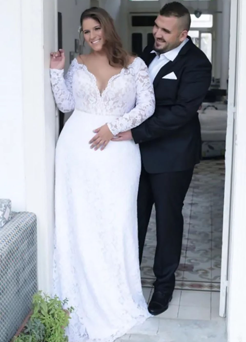 White Wedding Dresses Ivory Lace Bridal Gowns Formal Applique Custom Zipper Lace Up Plus Size New V-Neck Backless Button Mermaid Trumpet Long Sleeve I