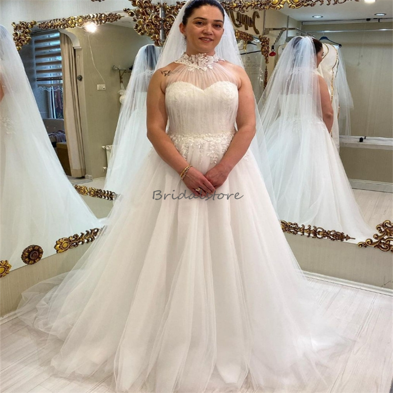 Plus Size High Neck Wedding Dresses 2024 Sleeveless A Line Tulle Lace Bride Dress Floor Length Sexy Backless Bridal Gowns Elegant Women Robe De Mariee
