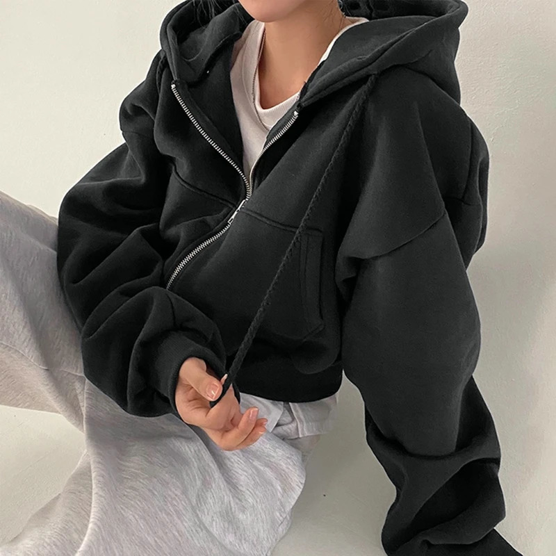 Autumn Women Retro Solid Color Zip Up Oversized Hooded Sweatshirts Harajuku Korean Version Long Sleeve Short Hoodies Coat 240202