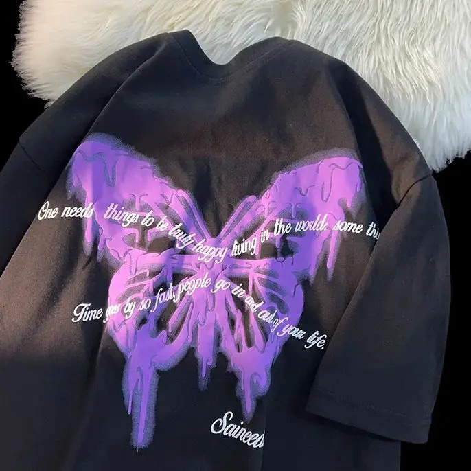 American Creative Butterfly Letter Round Neck Short Sleeve T-shirt Men and Women Oversize Summer Cotton Loose Couple Y2k Top Ins 240129