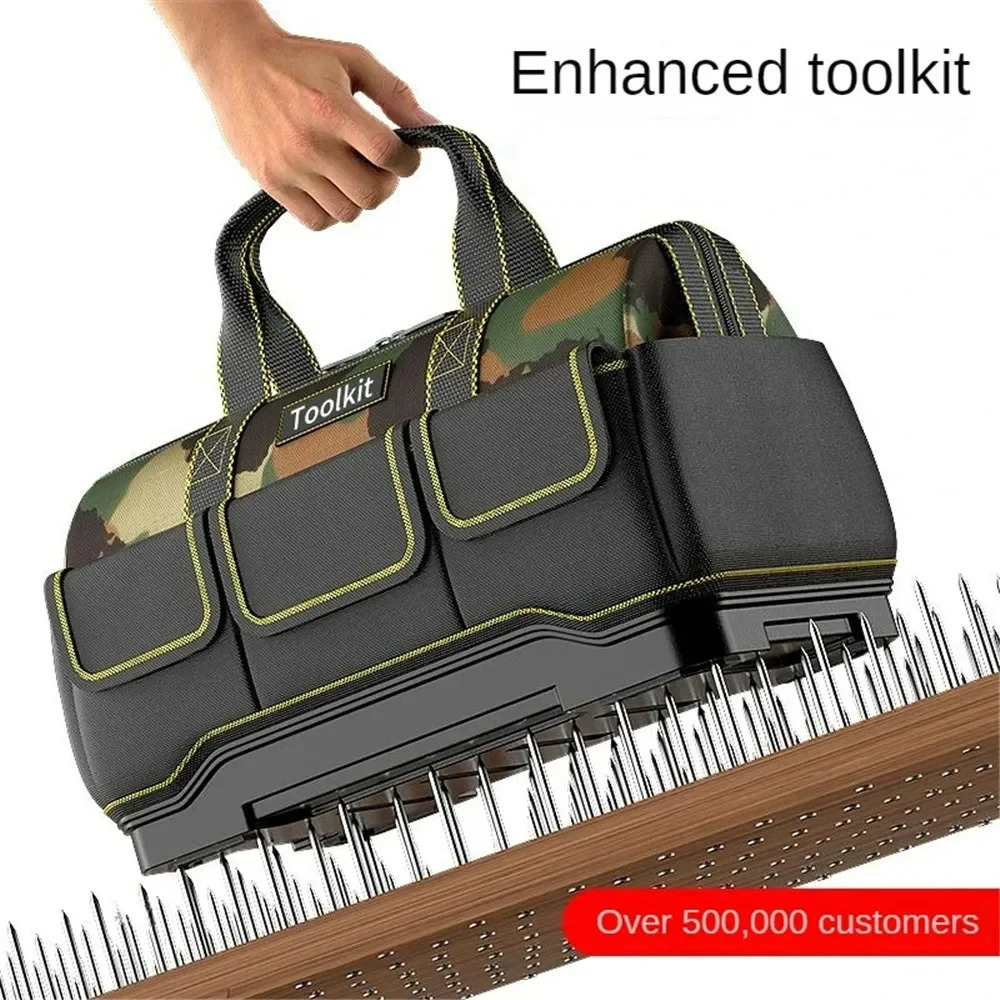 Camouflage Tool Bag with Plastic Bottom Shoulder Strap Multiple Pockets Pounch Storage Organizer for Electrician 240123