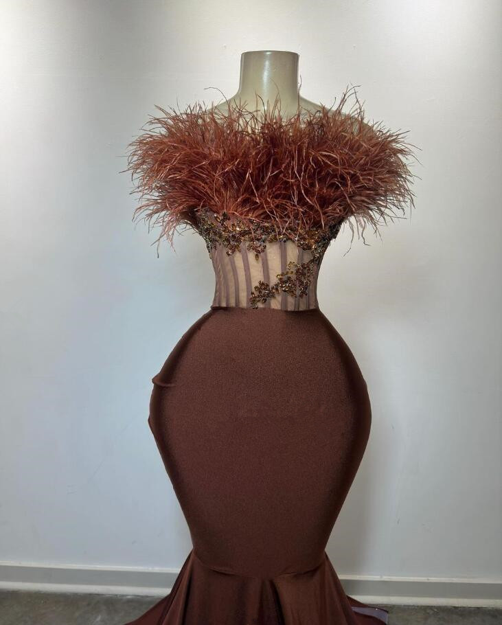 Brown Luxury Corset Evening Formal Dresses for Women Feather Boning Strapless African Prom Ceremoy Gown vestido festas luxo