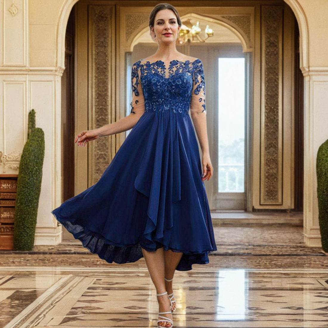 Short Royal Blue Mother Of The Bride Gowns Sheer Neck Half Sleeves Mother's Dresses Beaded Sequins Lace Mum Gowns For Women Wedding Guest Outfit 