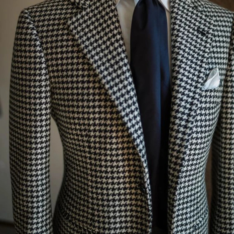 Houndstooth Business Blazer for Men Plaid Notched Lapel Suit Jacket Formal Male Fashion Coat 240126