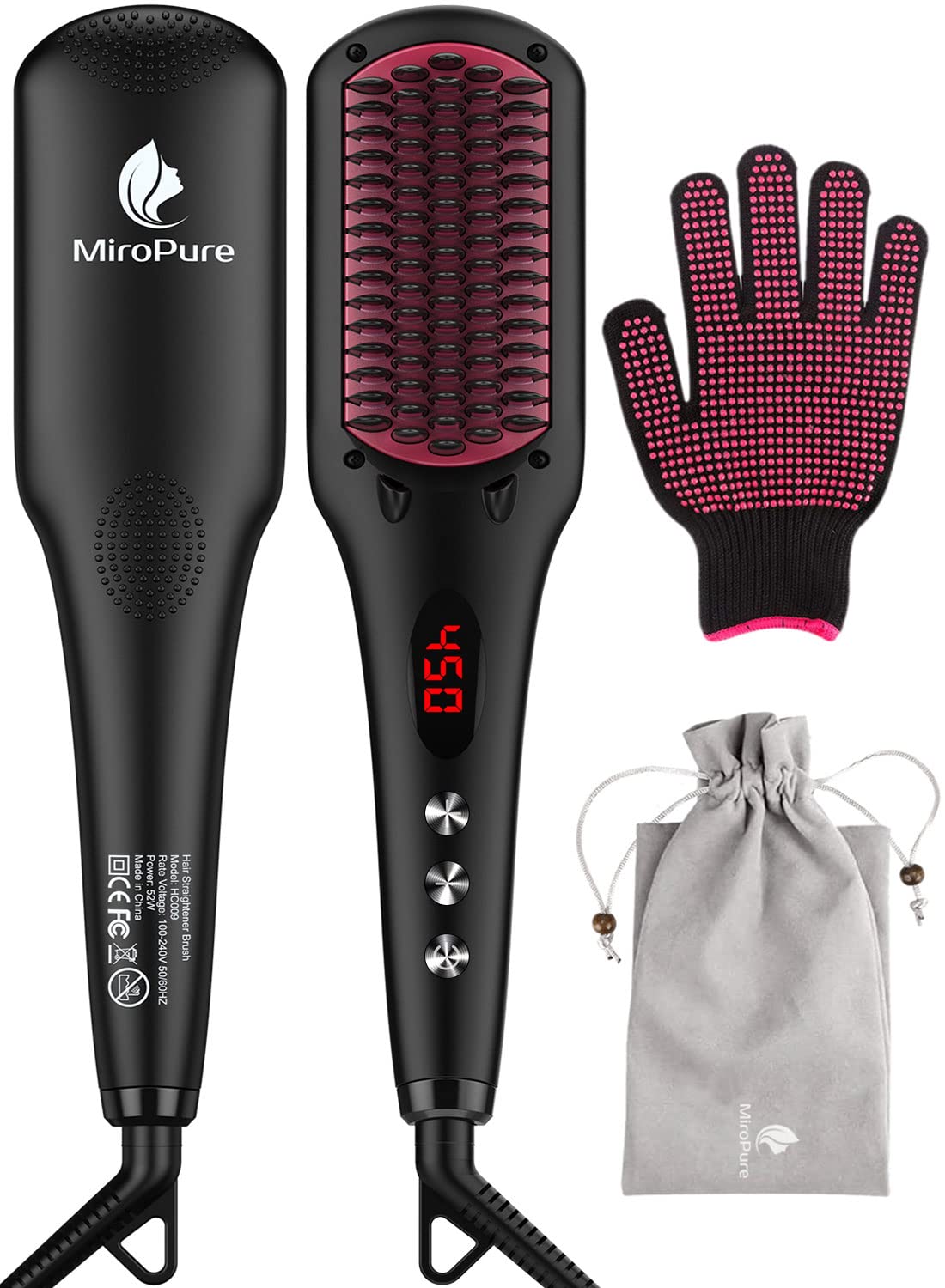 MIROPURE Enhanced Hair Straightener Heat Brush by MiroPure, 2-in-1 Ceramic Ionic Straightening Brush, Hot Comb with Anti-Scald Feature