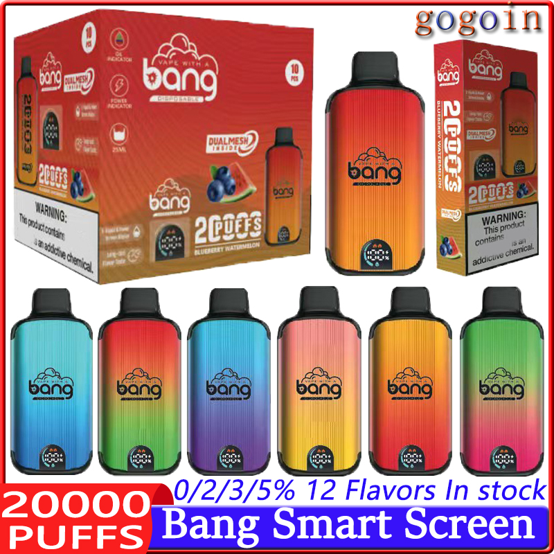 Bang 20000 Puffs Smart Screen Disposable Electronic Cigarettes Vape Puff 20k 0% 2% 3% 5% 25ml Prefilled Pod Mesh Coil 650mah Rechargeable Battery Pen Vaper Device