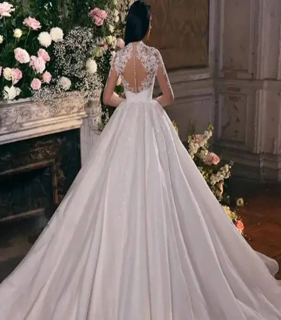 White Wedding Dresses Ivory Bridal Gowns Formal A Line Applique Custom Zipper Lace Up Plus Size New Floor-Length Long Sleeve Illusion High Neck Organz