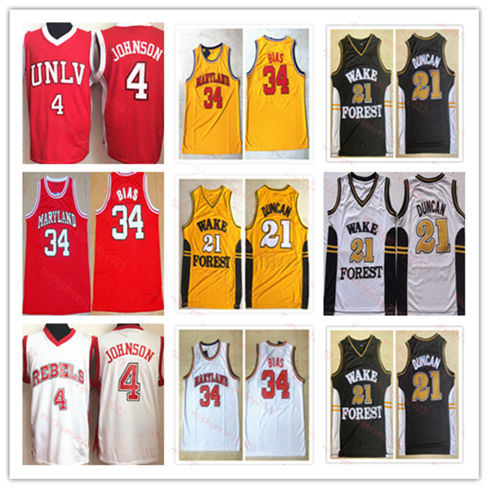 Stitched LenBias MarylandTerrapins Jersey #4 Larry Johnson UNLV Runnin' Rebels Basketball Jersey Mens #21 Duncan Tim WakeForest DemonDeacons Jersey S-3XL