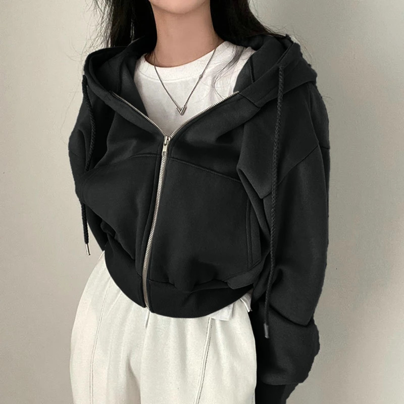 Autumn Women Retro Solid Color Zip Up Oversized Hooded Sweatshirts Harajuku Korean Version Long Sleeve Short Hoodies Coat 240202