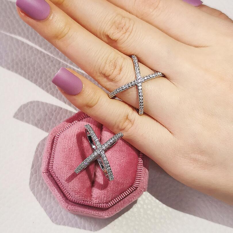 Sterg Cross Band Ring: Sier Pave White Sapphire CZ Dia Gemstones Wedding Rings