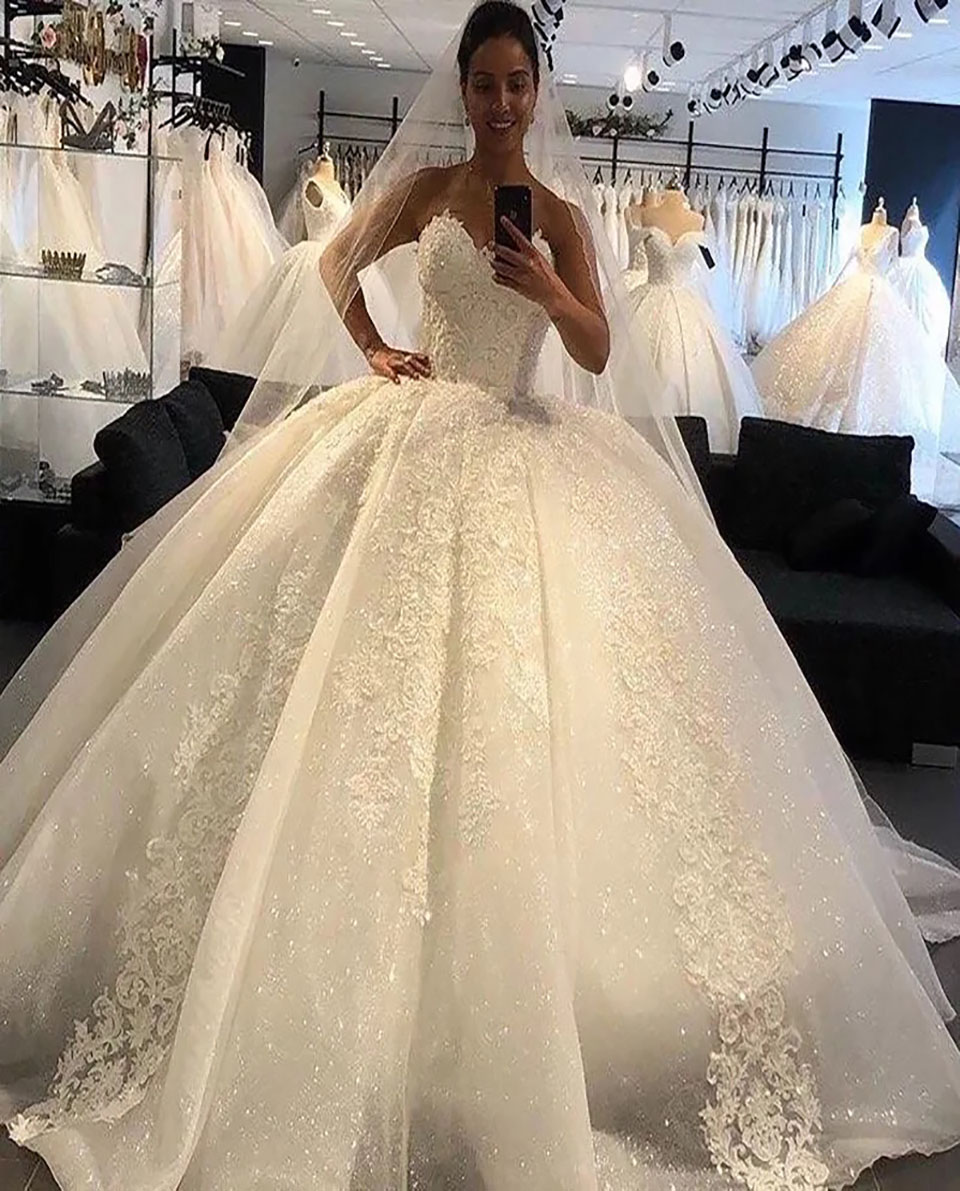 White Wedding Dresses Ivory Bridal Gowns Formal A Line Applique Custom Zipper Lace Up Plus Size New Tulle Floor-Length Sweetheart Sleeveless Sequined