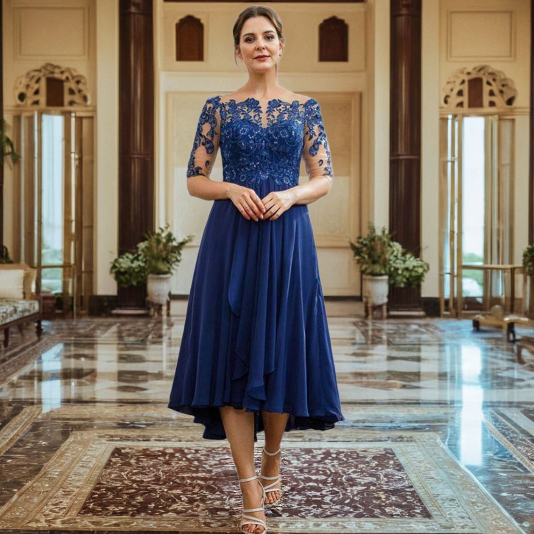 Short Royal Blue Mother Of The Bride Gowns Sheer Neck Half Sleeves Mother's Dresses Beaded Sequins Lace Mum Gowns For Women Wedding Guest Outfit 