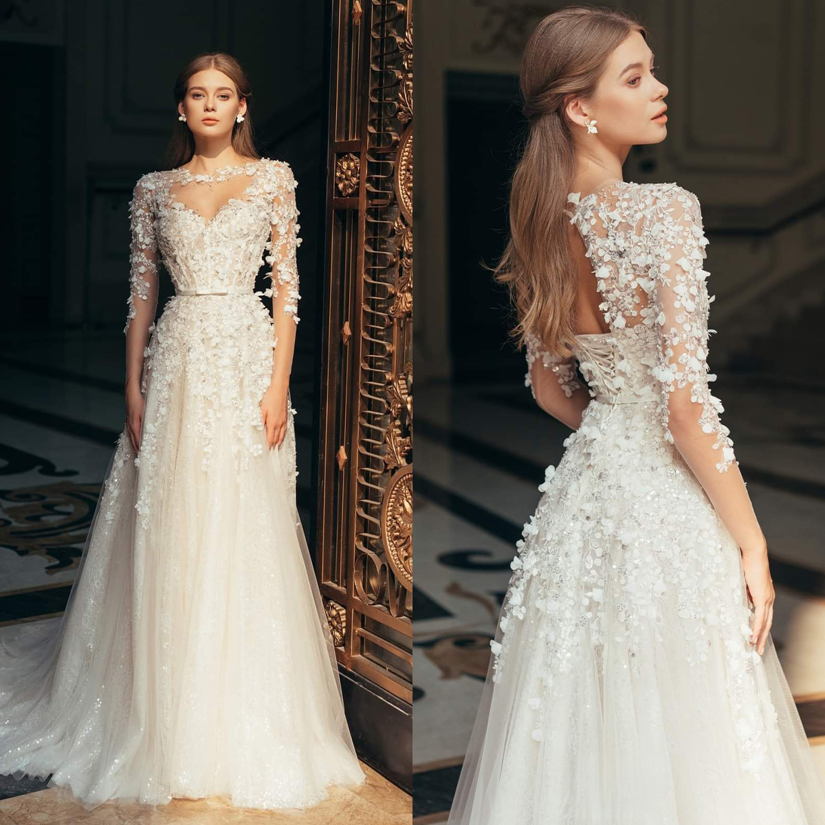 Charming 3D-Ral Appliques Wedding Long Sleeve Bridal Gowns A E Sweep Train Bride Dresses Custom Made Plus Size 0219