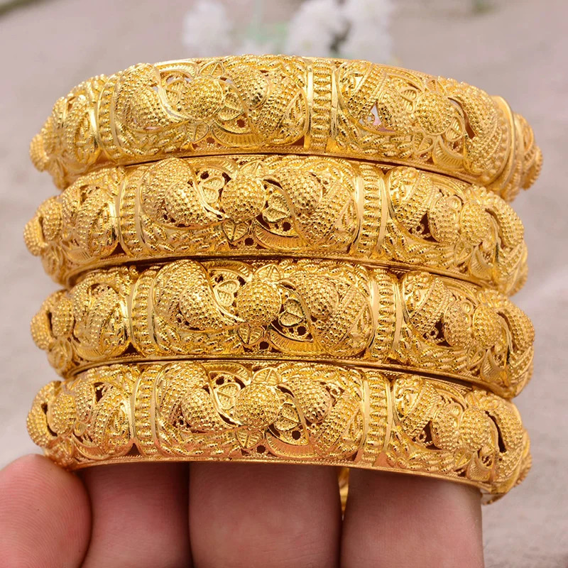 24K Bangles 4PcsLot Ethiopian Africa Fashion Gold Color For Women African Bride Wedding Bracelet Jewelry Gifts 240130