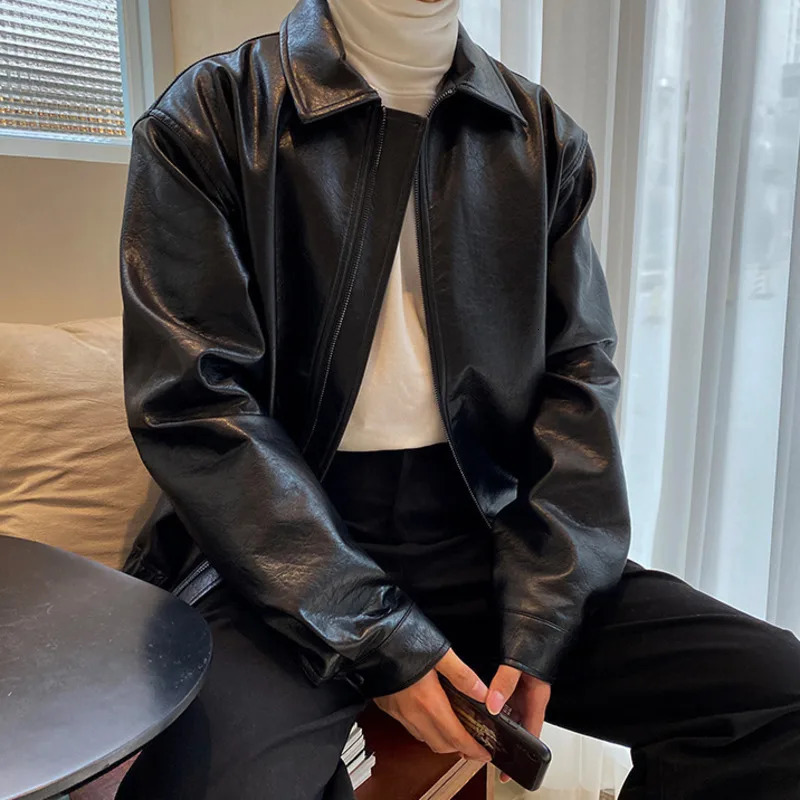 IEFB Men's Clothing Autumn Oversize Coat Korean Trend Loose Casual PU Leather Jacket Coat Male Zipper Lapel Clothes 9Y4382 240126