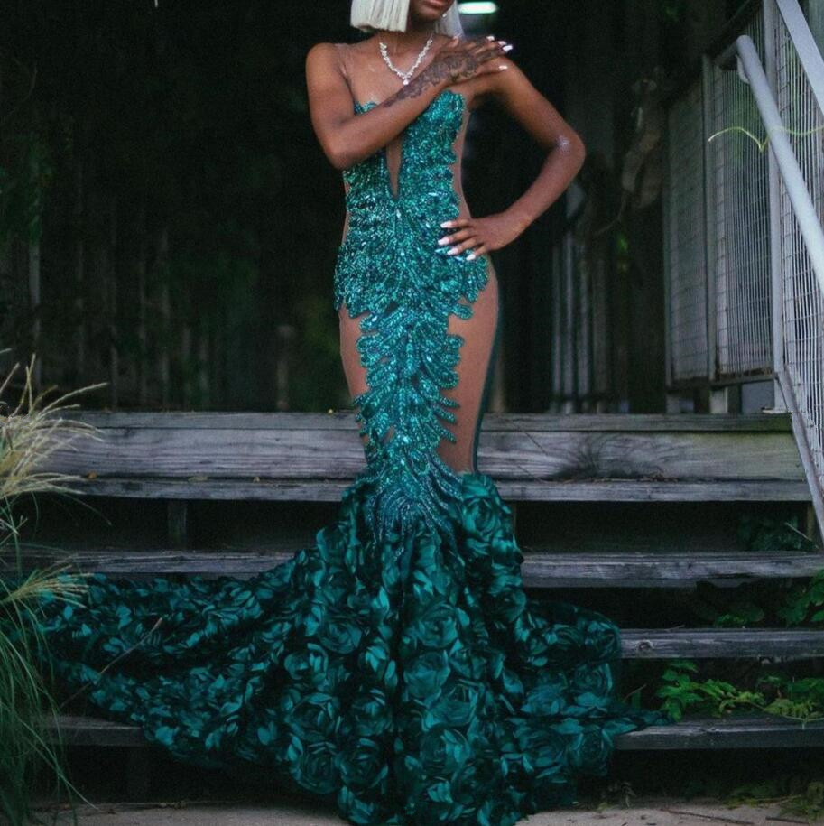 Emerald Green Sparkly Mermaid Prom Dresses For Black Girl Sheer Mesh Gillter Crystal Rose Floral Evening Ceremony Gown