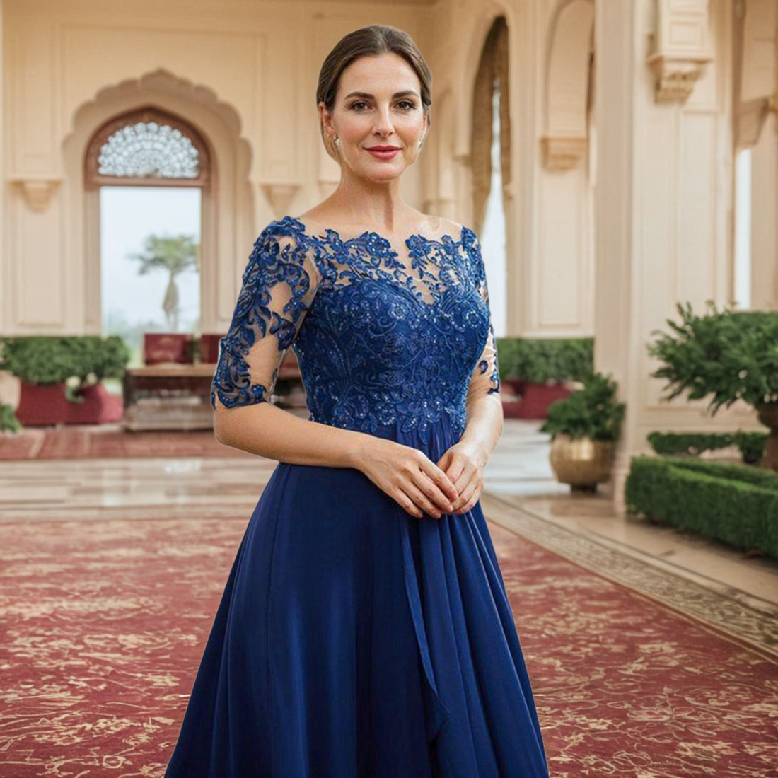 Short Royal Blue Mother Of The Bride Gowns Sheer Neck Half Sleeves Mother's Dresses Beaded Sequins Lace Mum Gowns For Women Wedding Guest Outfit 