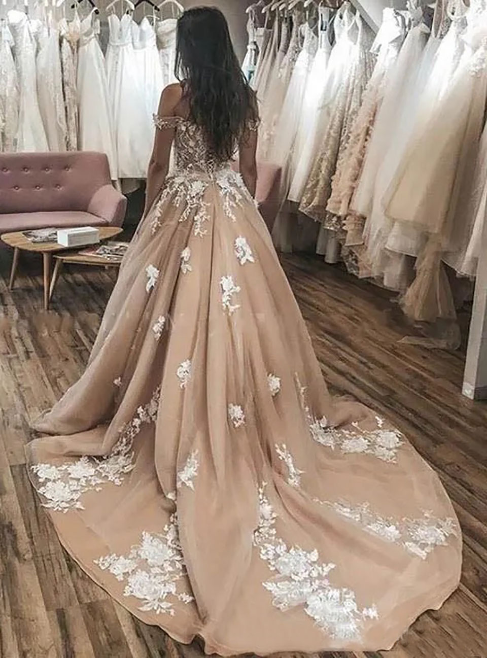 Champagne White Wedding Dresses Ivory Bridal Gowns Formal A Line Applique Custom Zipper Lace Up Plus Size New Floor-Length Satin Off-Shoulder
