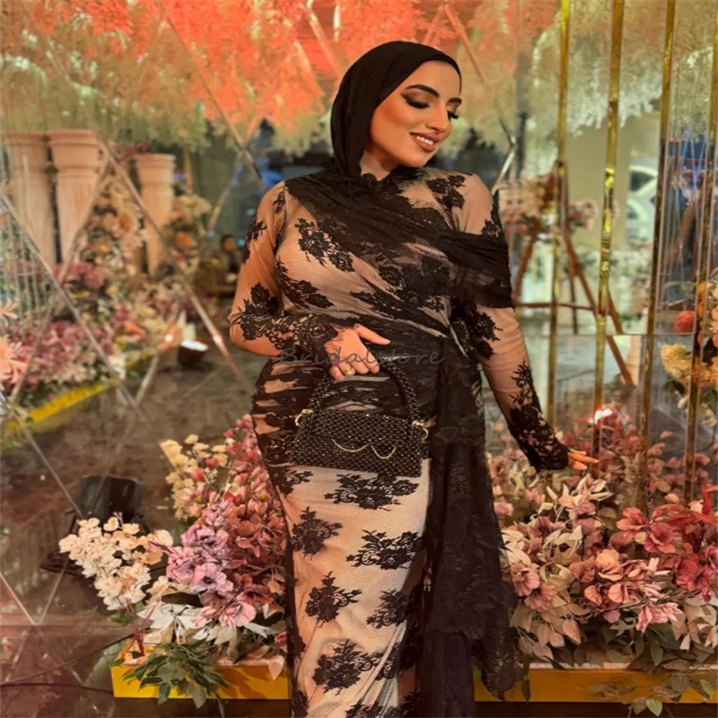 Vintage Black Lace Muslim Evening Dresses Elegant Saudi Arabic Sheath Plus Size Prom Dress High Neck Long Sleeve Moroccan Abayas Dubai Formal Dress Ve