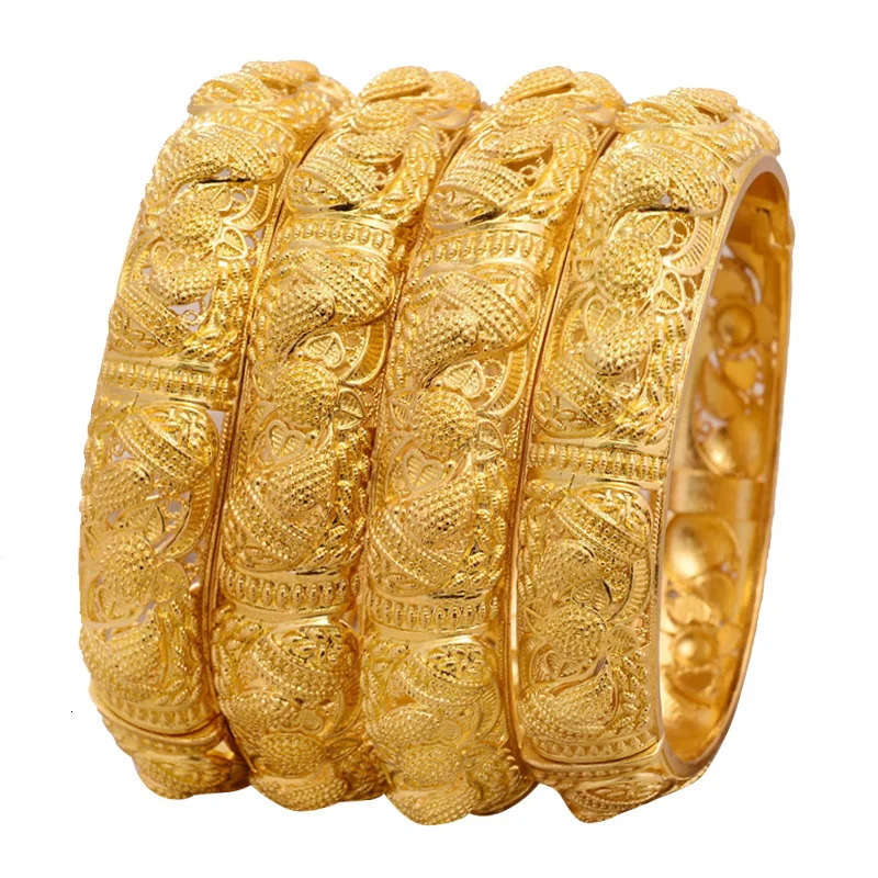 24K Bangles 4PcsLot Ethiopian Africa Fashion Gold Color For Women African Bride Wedding Bracelet Jewelry Gifts 240130