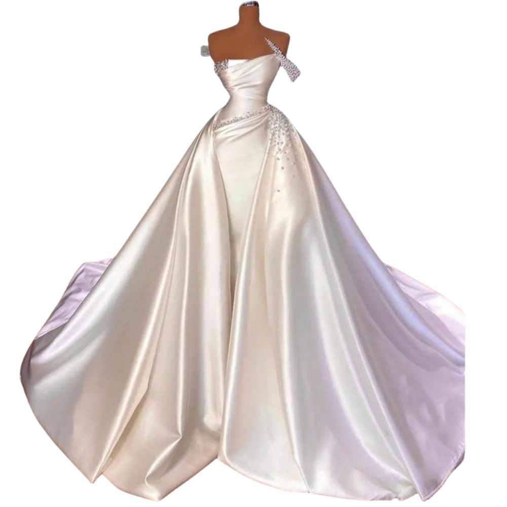 2024 Vintage Satin Church Dress Elegant One Shoulder Illusion Pearls Beads Overskirts Wedding Bride Gowns White A Line Arabic Dubai Vestido De Noiva 0