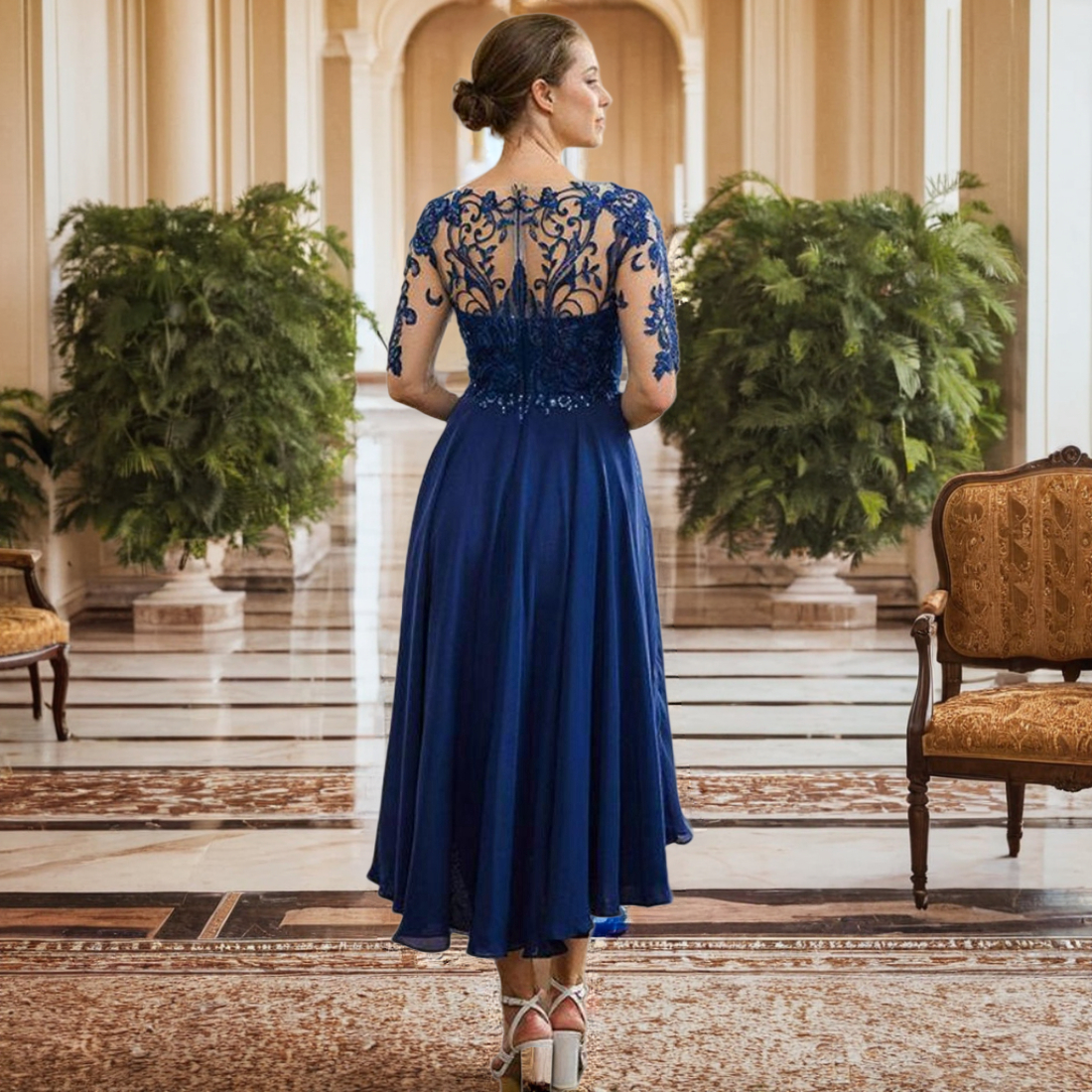 Short Royal Blue Mother Of The Bride Gowns Sheer Neck Half Sleeves Mother's Dresses Beaded Sequins Lace Mum Gowns For Women Wedding Guest Outfit 