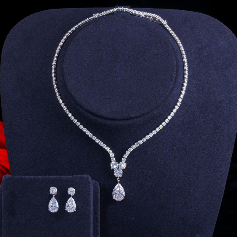 Choucong Original Wedding Jewelry Sets Luxury 18k White Gold Fill Water Drop 5A Cubic Zircon CZ Diamond Party Women Stud Earrings Bridal Tennis Neckla