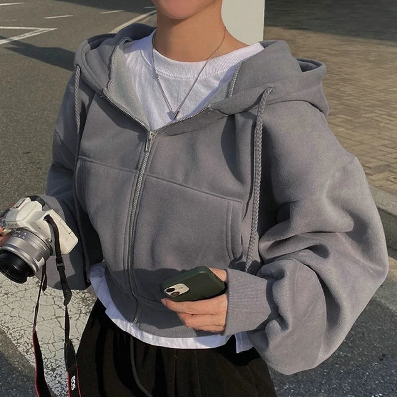 Autumn Women Retro Solid Color Zip Up Oversized Hooded Sweatshirts Harajuku Korean Version Long Sleeve Short Hoodies Coat 240202