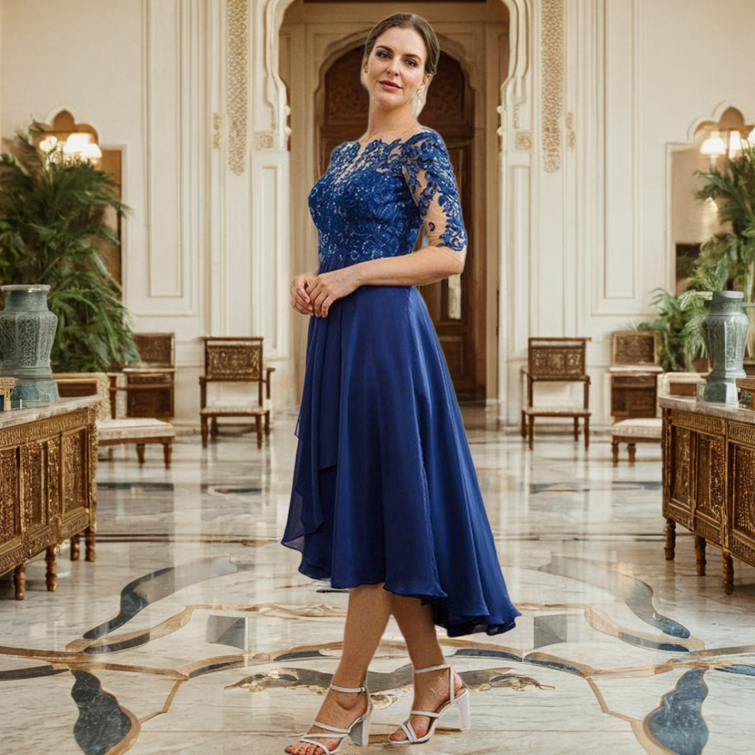 Short Royal Blue Mother Of The Bride Gowns Sheer Neck Half Sleeves Mother's Dresses Beaded Sequins Lace Mum Gowns For Women Wedding Guest Outfit 