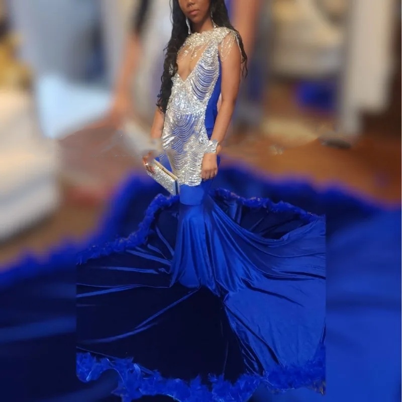 Royal Blue Elegant Prom Dresses For Black Girl Rhinestone Tassel Feathers Party Dress Vestidos De Gala