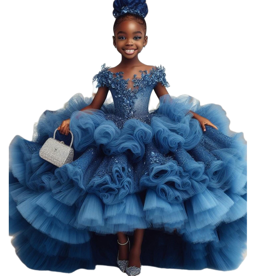 Blue Lace Sheer Neck wer Dresses for Weddings & Christmas, Tulle Tiers urious Little Girl Peageant Birthday Christening Tutu Dress Gowns ZJ428