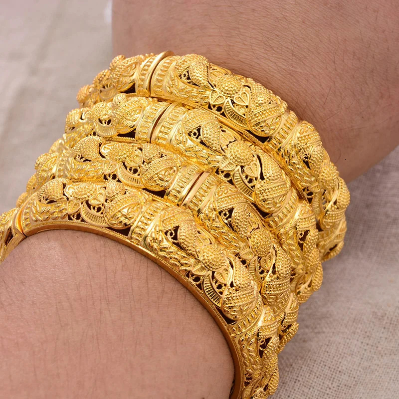 24K Bangles 4PcsLot Ethiopian Africa Fashion Gold Color For Women African Bride Wedding Bracelet Jewelry Gifts 240130
