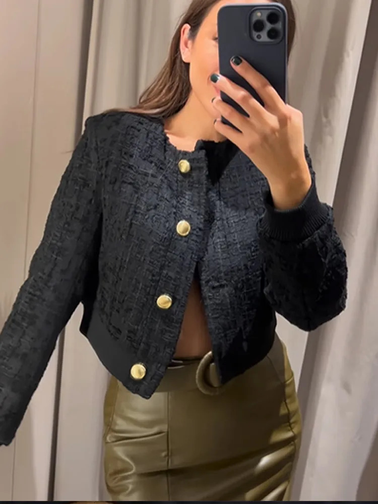 Womens Short Frayed Tweed Bomber Jacket Elegant Solid O Neck Single Breasted Warm Coats Autumn Casual High Street Jackets 240118