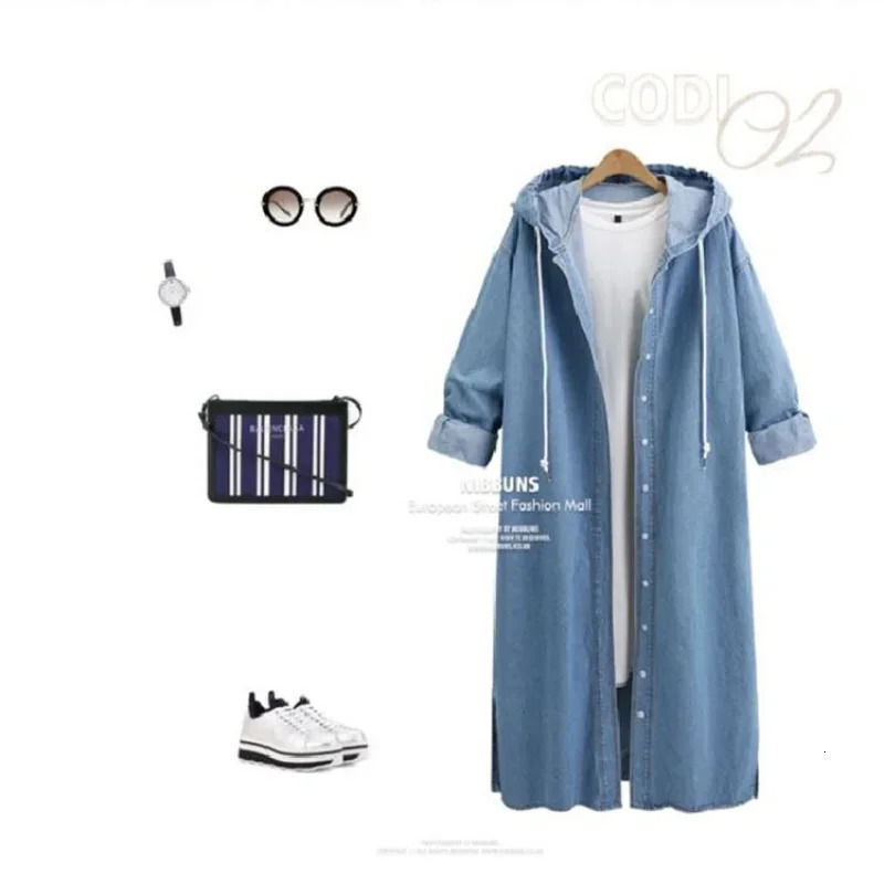 European and American Ladies Denim Trench Coat Solid Color LaceUp Denim Jacket Long Shirt 240201