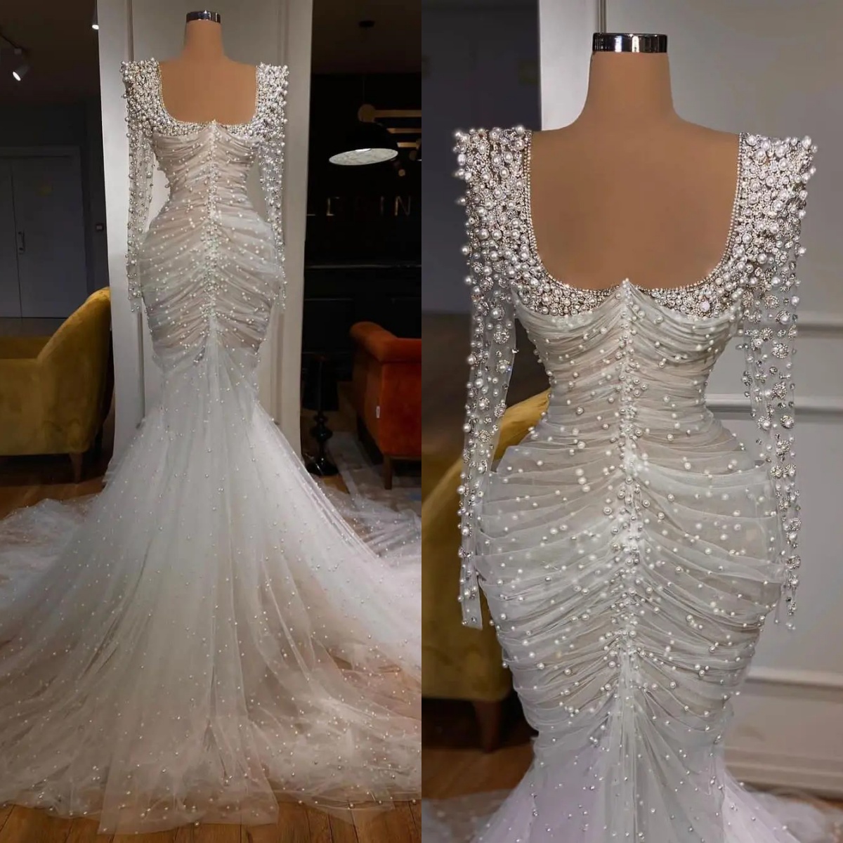 Bridal Gowns Pearls Beaded Mermaid Wedding Dress See Through Long Sleeve Custom Made Bride Dresses Vestido de novia