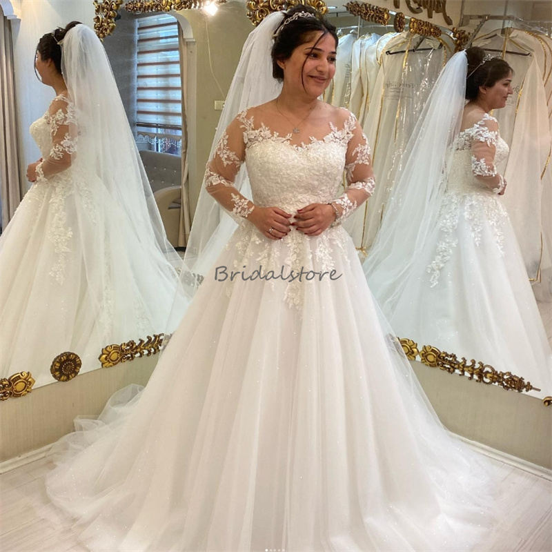 Plus Size Lace Wedding Dresses 2024 Rustic Country Illusion Long Sleeve Garden Bridal Gowns A Line Tulle Church Bride Dress Elegant Women Robe De Mari