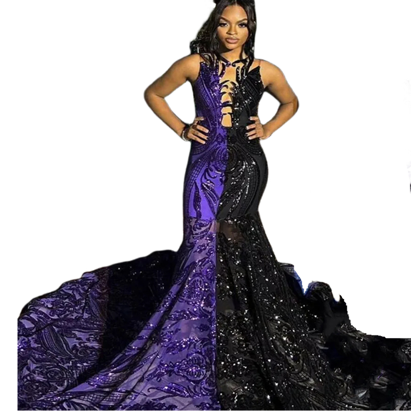 Modern Black And Purple Mermaid Prom Dresses Glitter Sequined Long Special Occasion Dress For African Girls Sleeveless Sexy Evening Dress 2024