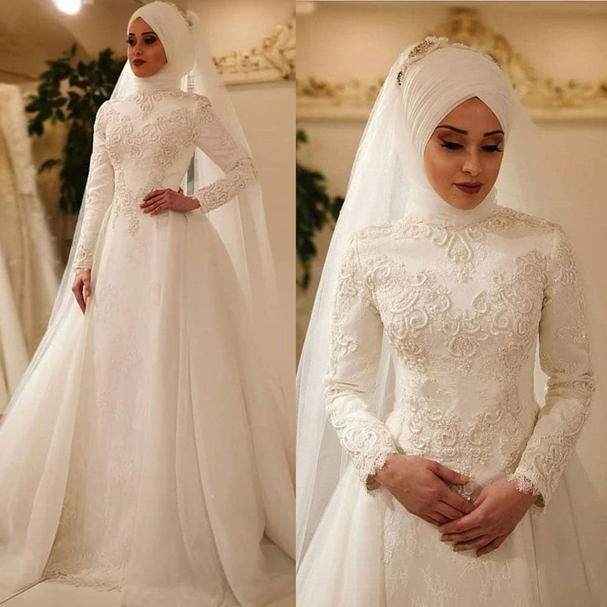 Classic A e Women Wedding High Collar Long Sleeves Muslim Bridal Gowns Lace Appliques Sweep Train Dress Custom Made vestidos de novia