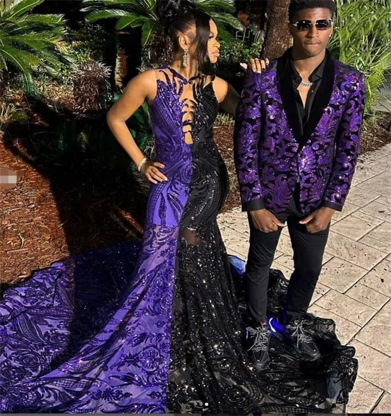 Modern Black And Purple Mermaid Prom Dresses Glitter Sequined Long Special Occasion Dress For African Girls Sleeveless Sexy Evening Dress 2024